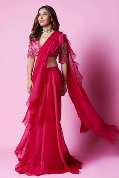 Shop for Ridhi Mehra Pink Net Flann Draped Ruffle Saree With Blouse for Women Online at Aza Fashions Red Organza Saree, Sophie Choudry, Chiffon Embroidery, Ridhi Mehra, Indian Sari Dress, Ruffle Saree, Net Saree, Red Saree, Dress Indian Style