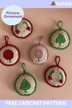 four crocheted christmas ornaments hanging on a pink background with the text free pattern