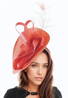 Coral Red Statement Hatinator Fascinator Royal Ascot Kentucky Derby Melburne Dubai Weddings Cocktail Party Ladies Day Headpiece Headwear Hat Hats By Cressida Kentucky Derby & Ascot Fascinator Hats Carlijn Free form coral red base trimmed with bow loops and a burnt ostrich feather Base measures 14 inches wide This coral red headpiece is mounted with a matching headband. If you prefer a headband to match your hair, please make a note at check out what colour headband you want. We make each hat to Orange Mini Hat For Kentucky Derby Party, Fitted Red Headpieces For Formal Occasions, Orange Mini Hats For Kentucky Derby Evening, Elegant Red Fitted Mini Hat, Elegant Fitted Red Mini Hat, Red Costume Hats And Headpieces For Spring Party, Elegant Red Headpiece For Spring, Red Mini Hat For Spring Party, Orange Short Brim Hat For Party