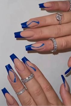 #ad #CommissionsEarned  --  BABALAL Square Press on Nails Long Fake Nails Blue French Stick on Nails Glitter Swirl Acrylic Nails 24Pcs Squoval Shiny Manicure Artificial False Nails for Women and Girls Nails 2023 Trends Coffin Shape, Royal Blue Nails Acrylic Coffin, Blue Acrylics With Design, Blue Nail Ideas Coffin, Royal Blue Acrylic Nails Medium Length, Long Blue Nail Ideas, Navy Prom Nails Acrylic, Blue Design Nails Acrylic, Royle Blue Nails