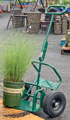 there is a green lawn mower next to a potted plant on the ground