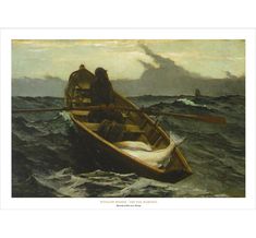 a painting of a man in a rowboat on choppy water