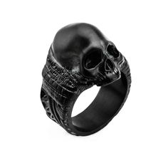 ANCIENT SKULL BLACK Steel Mens Ring with Rugged Black Skull Design Black Skull Ring, Black Metal Jewelry, Sugar Skull Ring, Cool Rings For Men, Mens Skull Rings, Sugar Skull Design, Brown Leather Bracelet, Black Skull, Skull Jewelry