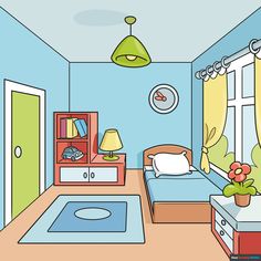 a cartoon bedroom with blue walls and yellow curtains