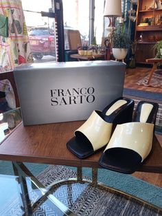 Y2k Franco Sarto L- Dentro in soft satin yellow color. Sandals are patent leather with a 3" heel. Asymmetrical slip on mule style with a square toe. These come with the original box.  Small scuff on the top of one and black leather lining is starting to wear only due to age and from having the tissue paper pulled in and out of the shoe   Will update photos soon to show small imperfections.  Made in Brazil US size 8M Yellow Heeled Sandals, Yellow Sandals With 4-inch Heel For Summer, Yellow Evening Sandals With 4-inch Heel, Yellow Synthetic Slip-on Heels, Yellow Open Heel 4-inch Heels, Yellow Synthetic Sandals With 4-inch Heel, Troy Ny, Yellow Heels, Slip On Mules