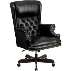 an office chair with black leather upholstered on the back and gold trimmings