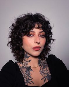 Curly Hair And Tattoos, Short Hair Mullet Woman Curly, Shag Hairstyles Curly Hair Short, St Vincent Curly Hair, Curly Hair Edgy Style, Shag Curly Hair Short, Layered Short Curly Hair With Bangs, Curly Shag Short Hair, Curly Bob Layers