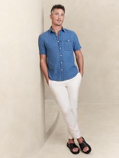 Santorini Blues Shirt | Banana Republic Factory Blue Shirt With Welt Pockets For Summer, Classic Button-up Short Sleeve Shirt For Casual Gatherings, Blue Summer Tops With Welt Pockets, Blue Tops With Welt Pockets For Summer, Casual Short Sleeve Cotton Shirt With Buttoned Pockets, Casual Cotton Short Sleeve Shirt With Buttoned Pockets, Relaxed Fit Short Sleeve Shirt For Business Casual Summer, Summer Business Casual Short Sleeve Shirt With Relaxed Fit, Summer Business Casual Relaxed Fit Short Sleeve Shirt