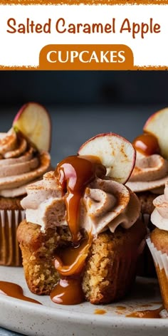 caramel apple cupcakes on a plate with caramel drizzle