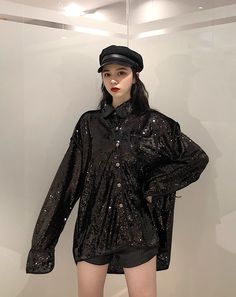 Perfect for night parties Polo collar Sequined design Functional pocket Long sleeves Relaxed fit Night Parties, Kpop Shirts, Fashion Chingu, Sequin Shirt, Rhinestone Belt, Women Hoodies Sweatshirts, Party Night, Polo Collar, Dress Romper