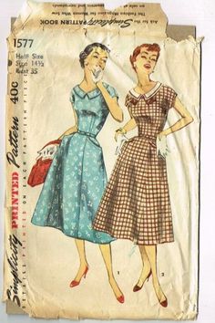 One Piece Dress Pattern Simplicity 1577 Sz 14.5 1950's VTG Half Size Charmer Sewing Ephemera, 1940s Dress Pattern, Waistline Dress, 50's Fashion, Simplicity Patterns Dresses, Patron Vintage, Vestidos Retro, 1950 Fashion, Simplicity Dress