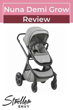 the nuna demi grow stroller is shown in front of a pink and white background