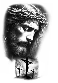 a black and white drawing of jesus with three crosses in front of the crucifix