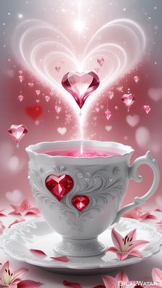 a cup filled with pink liquid and hearts floating out of the top, surrounded by petals