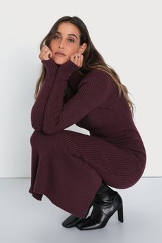 Flaunt your stuff as the leaves fall in the Lulus Autumnal Sensation Plum Purple Ribbed Long Sleeve Sweater Dress! Soft and stretchy ribbed knit shapes this casually chic dress that features two functional tortoise buttons at the mock neckline for a cute detail, all framed by long sleeves. The figure-hugging silhouette shows off your curves just right before falling to a sophisticated midi hem with a kick pleat at back. Pair with your favorite boots for that perfect cold weather look! Fit: This Fall Ribbed High Neck Midi Dress, Fall High Neck Ribbed Midi Dress, Ribbed Stretch Dresses For Fall, High Neck Ribbed Midi Dress For Fall, Stretch Ribbed Dresses For Fall, Fall Stretch Sweater Dress Midi Length, Chic Sweater Dress With Ribbed Neckline For Fall, Fall Ribbed Knit Sweater Dress, Casual High Neck Ribbed Midi Dress