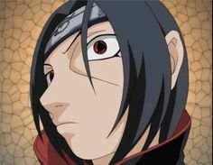 an anime character with long black hair and red eyes