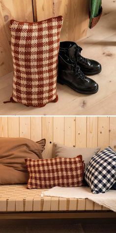 two photos of pillows and shoes on a bench in front of a wooden wall with wood planks