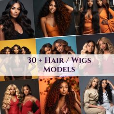 the 30 + hair / wig models are all wearing different styles and colors for each model