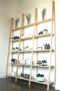 the shelves are filled with various types of skin care products