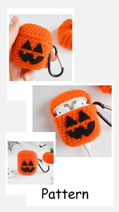 an orange crocheted pumpkin headphone case is shown with the words pattern below it