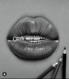 a pencil drawing of a woman's lips with zippers