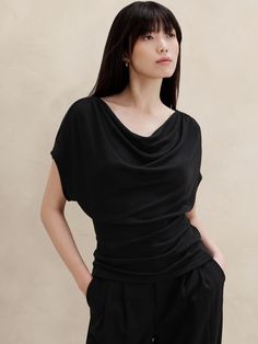 Soft Luxe Cowl-Neck Top | Banana Republic Factory Versatile Viscose Tops For Evening, Black Cowl Neck Top For Evening, Elegant Draped Top For Workwear, Elegant Draped Workwear Tops, Draped Tops For Evening, Elegant Draped Tops For Evening, Elegant Cowl Neck Top For Work, Black Viscose Office Tops, Elegant Draped Tops For Layering