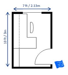 the floor plan for a small bathroom is shown in black and white, with blue arrows pointing