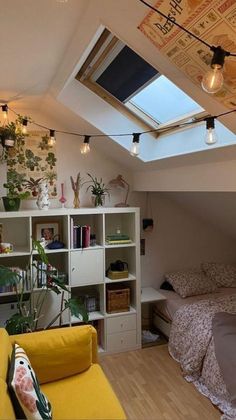 an attic bedroom with skylights and bookshelves on the ceiling is decorated with plants