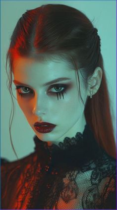 heck out these 31  vampire-inspired hairstyles for women, perfect for adding a dark and seductive touch to your Halloween costume or gothic style. From sleek and straight to voluminous curls, find your next daring look here. Whether you want to channel your inner vampire queen or just love edgy, dramatic hairstyles, these ideas will leave you spellbound! Women Vampire Costume Ideas, Vampire Halloween Hairstyles, Vampire Neck Bite, Gothic Costume Halloween Women, Vampire Halloween Costume Women, Woman Vampire Costume, Halloween Vampire Costumes Women, Vampire Costume Ideas Women, 90s Vampire Aesthetic