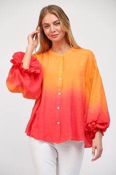 ROUND NECK BAND WITH BLOUSING RUFFLE OPENING 3/4 SLEEVE BUTTON DOWN BLOUSE TOP Sunrise Ombre, Sunrise Orange, Denim Jacket With Dress, Tequila Sunrise, Pink Sale, Red Ombre, Orange Top, Pink Ombre, Button Down Blouse