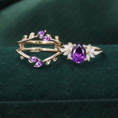 Amethyst engagement ring set vintage rose gold Unique pear shape engagement ring diamond wedding ring Bridal set anniversary ring gift women (Please comfirm your US size when you make an order) Jewelry details: Matal Type: 14k gold /18k gold Engagement Ring: Center Stone:Amethyst  Stone Size: 6*8mm Side stones: Natural and conflict-free diamonds Total weight: 0.30ctw (High Quality) Color: G-H Clarity: SI-VS Or Side Stone:Moissanite Wedding band Stone: Lab Amethyst  Carat Weight: approx. 0.24ctw Rose Gold Amethyst Ring Engagement, Amethyst And Diamond Engagement Ring, Bridal Ring Sets As Gift In Fine Jewelry Style, Fine Jewelry Bridal Sets As Gift, Elegant Bridal Sets With Gemstone, Fine Jewelry Bridal Sets Solitaire Gift, Marquise Cut Bridal Set With Prong Setting, Elegant Gemstone Bridal Set For Marriage, Elegant Bridal Sets With Gemstone For Marriage