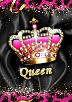 a pink and black background with a gold crown on the top, surrounded by jewels