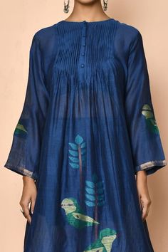 Buy Blue Cotton Silk Woven Bird Round Jamdani Flowy Kurta For Women by Samyukta Singhania Online at Aza Fashions. Jamdani Kurta, Printed Kurti Designs, Cotton Dress Pattern, Long Blouse Designs, Silk Kurti Designs, Kurta For Women, Designer Kurti Patterns, Kurti Patterns