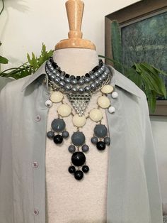 "4/ Layered Necklaces /Silver, Gray, White Necklaces/ Boho Necklace Lot / Iris Apfel /Curated by Potion/Neck mess Silver on silver with ivory and gray to this collection of 4 necklaces that can be worn in various combinations or singly! 16 to 38\". Glass, acrylic, and brass. Note: 1M in bot env inv" Silver Beaded Necklaces With Jewels, Elegant Silver Bib Necklace With Round Beads, Silver Beaded Necklace With Jewels, Neck Mess, White Necklaces, Necklaces Boho, Necklaces Silver, Layered Necklaces Silver, Bib Necklaces