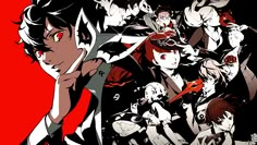 an anime character surrounded by other characters in black and white outfits, with red background