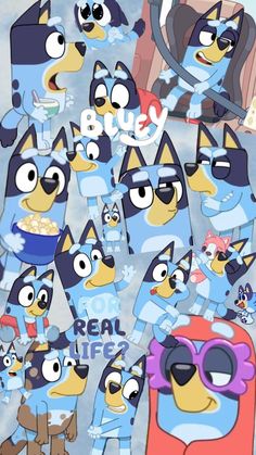 an image of many cartoon characters with sunglasses on their faces and the words blue in front of