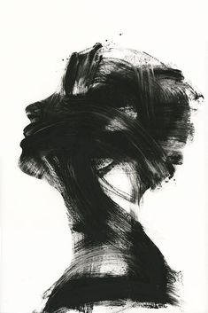 a black and white drawing of a woman's head with hair blowing in the wind