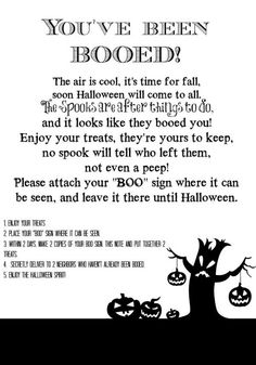 a poem written in black and white with pumpkins hanging from the tree, which reads you've been booed