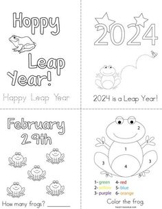 four year coloring pages for children with frog and frog numbers on the front, happy leap year