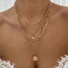 Gold Tone Multilayer Pendant Chain Necklace Set Boho Layered , Faux Gold , Ships In 7-8 Days Texture Metal, Formal Jewelry, Free People Jewelry, Multi Layer Necklace, Anthropologie Jewelry, Stacked Jewelry, Gold Necklace Layered, Layered Jewelry, Trendy Jewelry