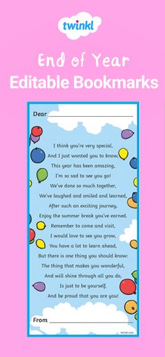 the end of year printable bookmarks with balloons and clouds on pink paper background