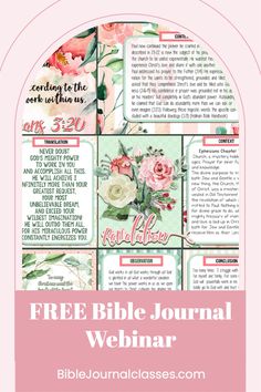 the free bible journal webinar with pink flowers and green leaves on it, surrounded by text