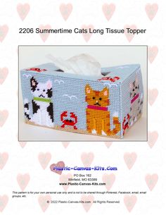 a cross stitch tissue box with cats on it