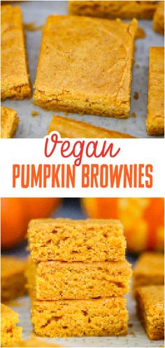 vegan pumpkin brownies stacked on top of each other with the title in the middle