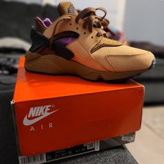 Huraches Size 8.5 Men(10 Women) Fits More Like An 8(9.5 Women). Worn Once Still Brand New. 10/10 Condition. Brown Nike Sneakers With Vibram Sole, Brown Sneakers With Vented Sides For Streetwear, Brown Sneakers For Streetwear With Vented Sides, Brown Sports Sneakers With Vented Sides, Streetwear Huaraches With Cushioned Footbed And Round Toe, Nike Huraches, Gold Basketball Shoes, White Athletic Sneakers, Huraches Nike