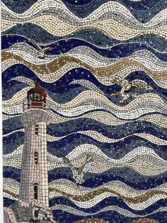 Lighthouse mosaic made to order mural in tile to be installed on wall by mosaic artist Mona S Sea Mosaic, Sea Mosaic Ideas, Lake Mosaic Ideas, Sky Mosaic Art, Mosaic Art Sea, Nautical Mosaic, Sea Glass Mosaic, Water Patterns, Mosaic Murals