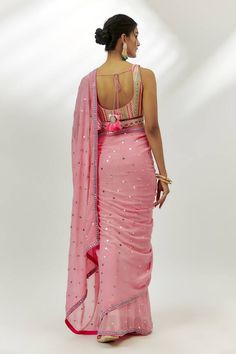 Pastel pink saree featuring mirror, gota and badla embroidered saree. Paired with a stripe pattern embroidered blouse. - Aza Fashions Pastel Pink Saree, Saree Gowns, Dhoti Saree, Cotton Sarees Handloom, Ruffle Saree, Blouse Silk, Embroidered Saree, Lehenga Saree, Pink Saree