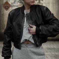 Leather Loose Jacket Vintage Stand Collar Leather Biker Jacket, Jacket Vintage, Stand Collar