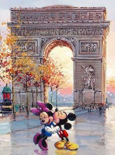 a painting of mickey and minnie mouse in front of the arc de trioe