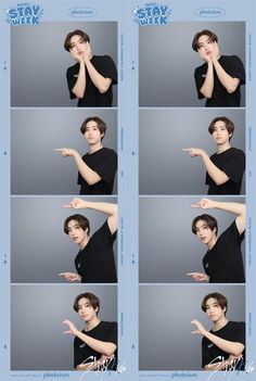 multiple pictures of a man making gestures with his hand and finger to the side while wearing a black t - shirt